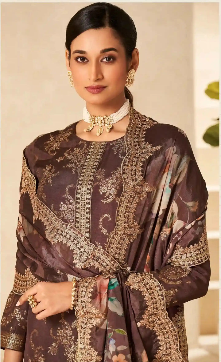 Stylish Viscose Dola Silk Suit with Jacquard Embroidery & Chinon Dupatta