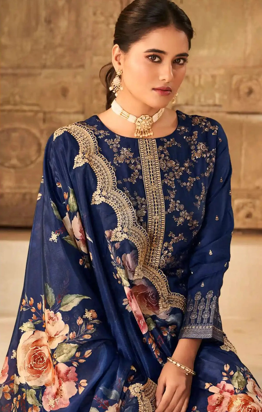 Stylish Viscose Dola Silk Suit with Jacquard Embroidery & Chinon Dupatta