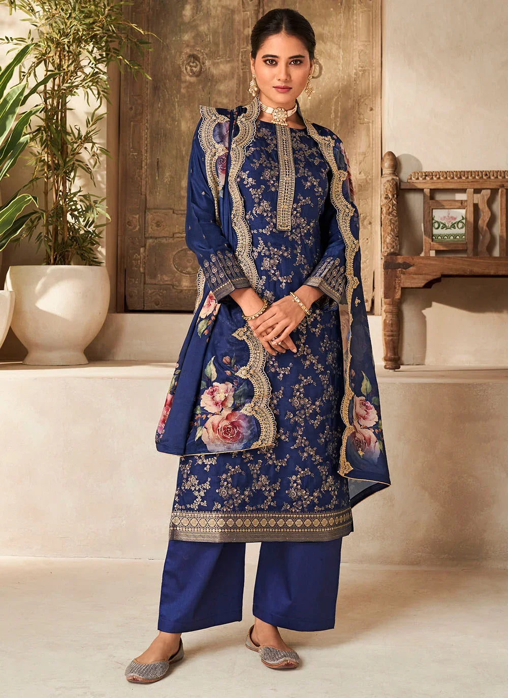 Stylish Viscose Dola Silk Suit with Jacquard Embroidery & Chinon Dupatta