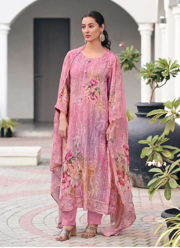 Designer Pink Georgette Salwar Kameez Set with Digital Print & Embroidery