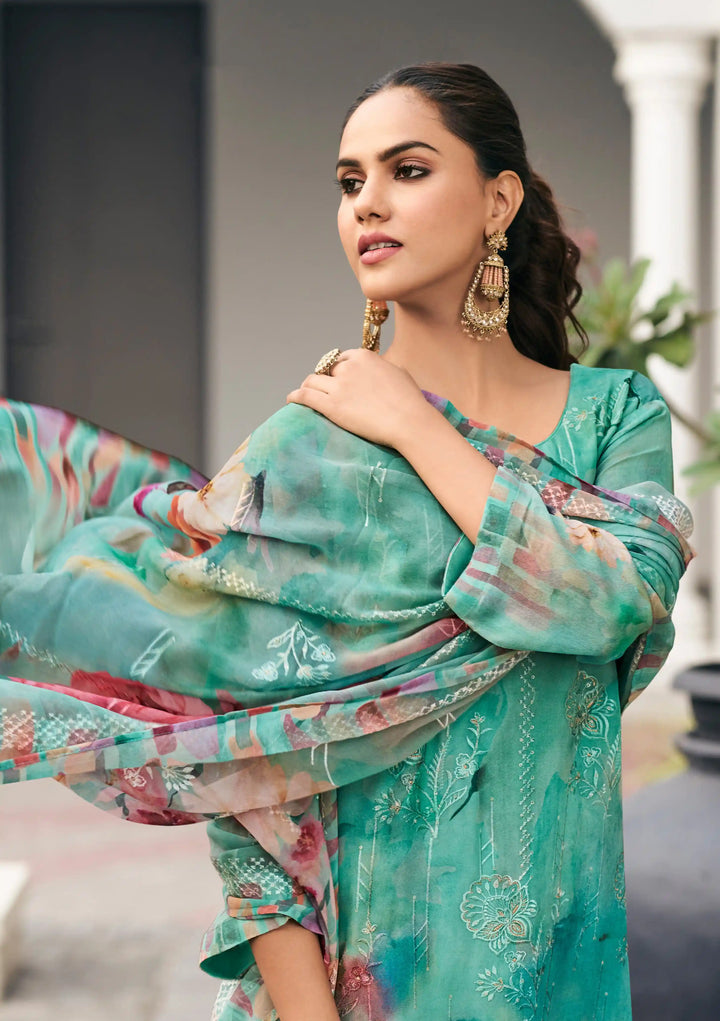 Sea Green Georgette Suit with Embroidery and Printed Dupatta