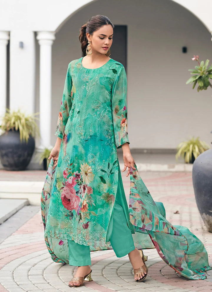 Sea Green Georgette Suit with Embroidery and Printed Dupatta