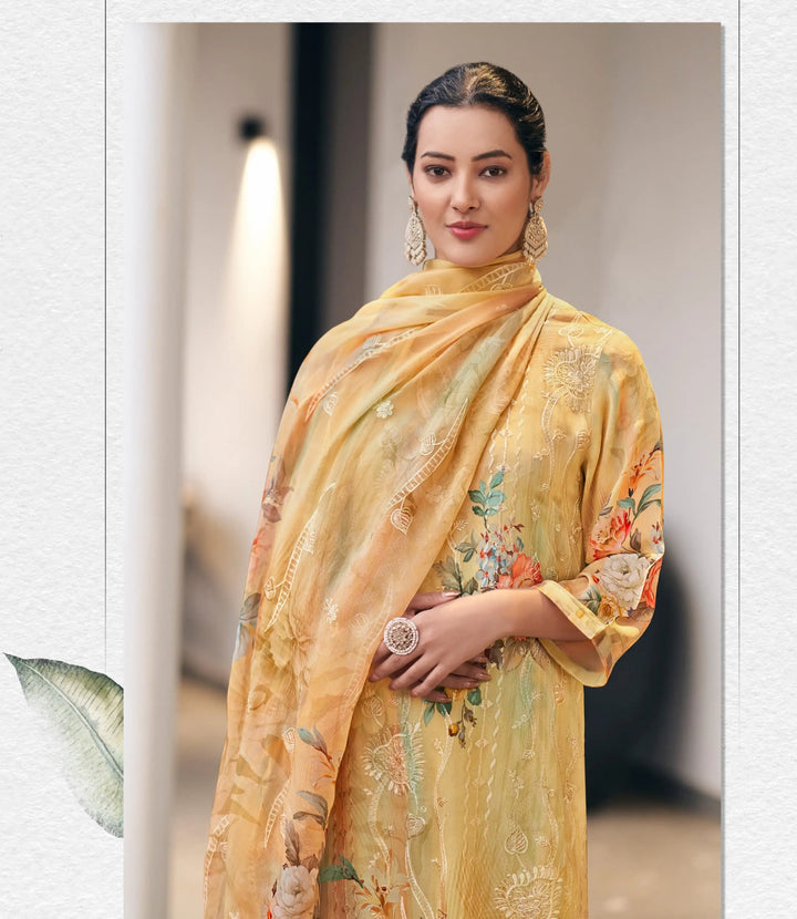 Designer Georgette Mustard Salwar Kameez Set for Festive Wear