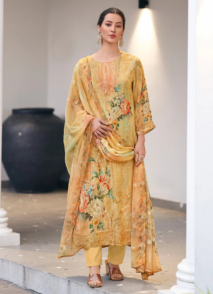 Designer Georgette Mustard Salwar Kameez Set for Festive Wear