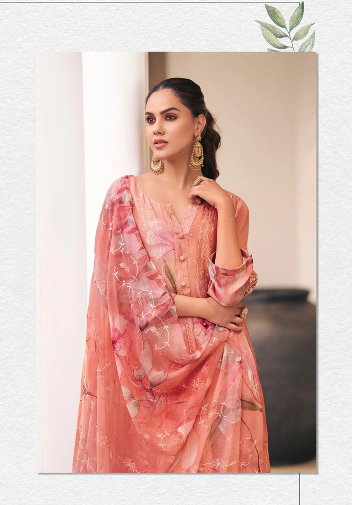Peach Georgette Suit with Embroidery & Printed Dupatta for Festive