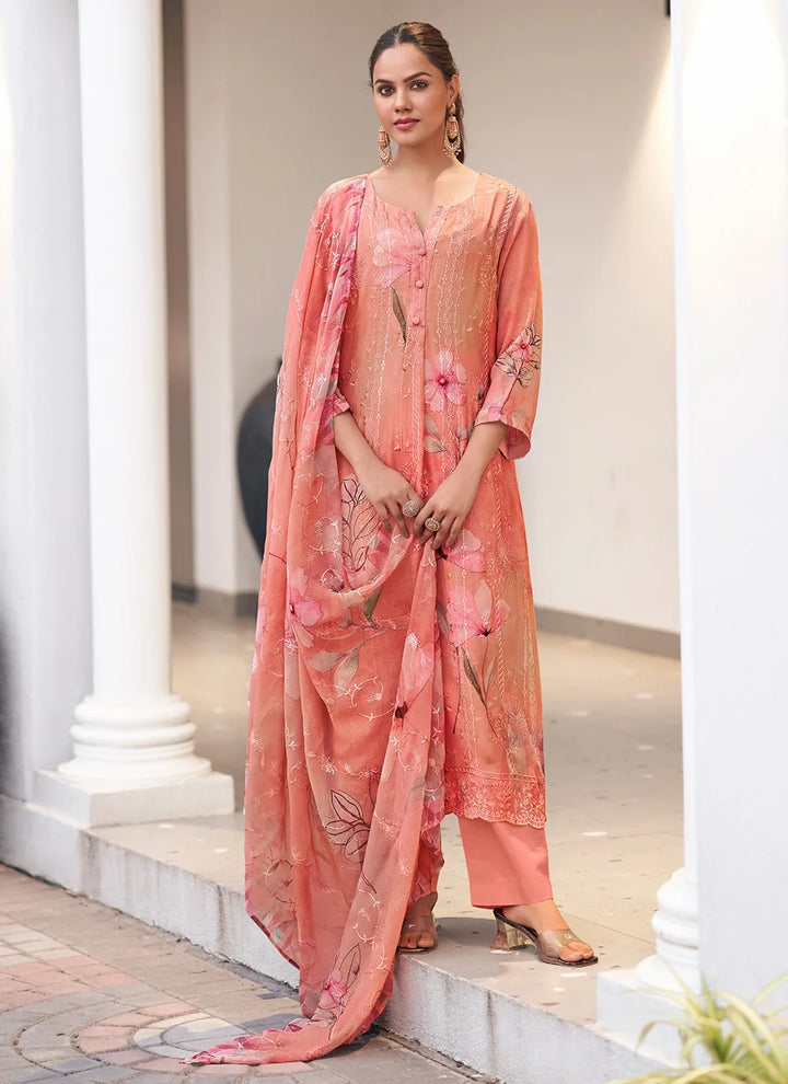 Peach Georgette Suit with Embroidery & Printed Dupatta for Festive