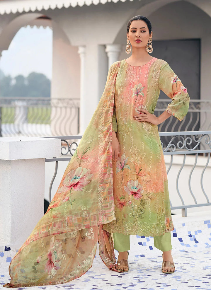 Designer Pista Green Suit with Digital Print & Embroidery for Festive