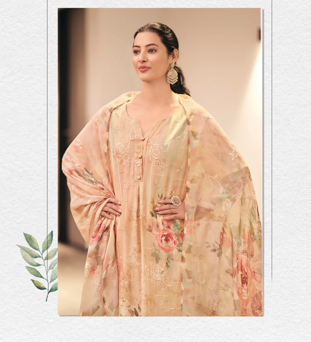 Beige Georgette Suit with Embroidery & Printed Dupatta for Festive