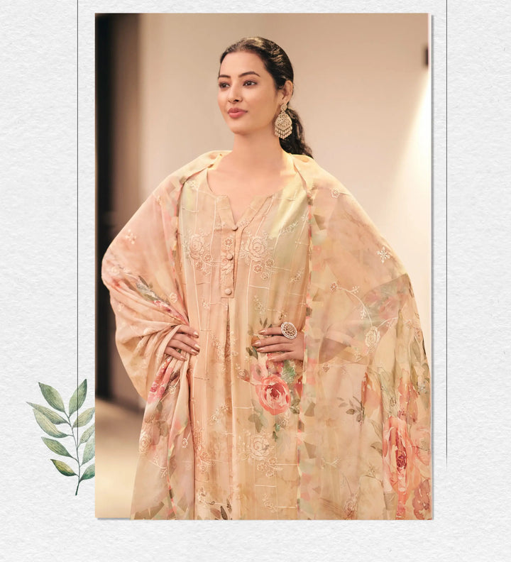 Beige Georgette Suit with Embroidery & Printed Dupatta for Festive