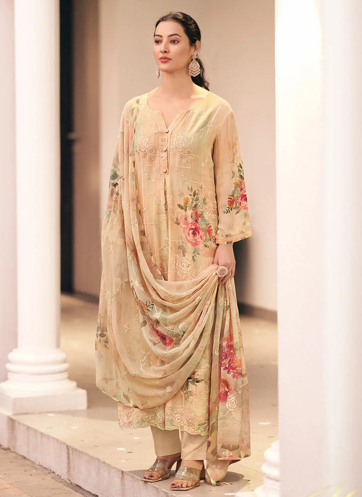 Beige Georgette Suit with Embroidery & Printed Dupatta for Festive