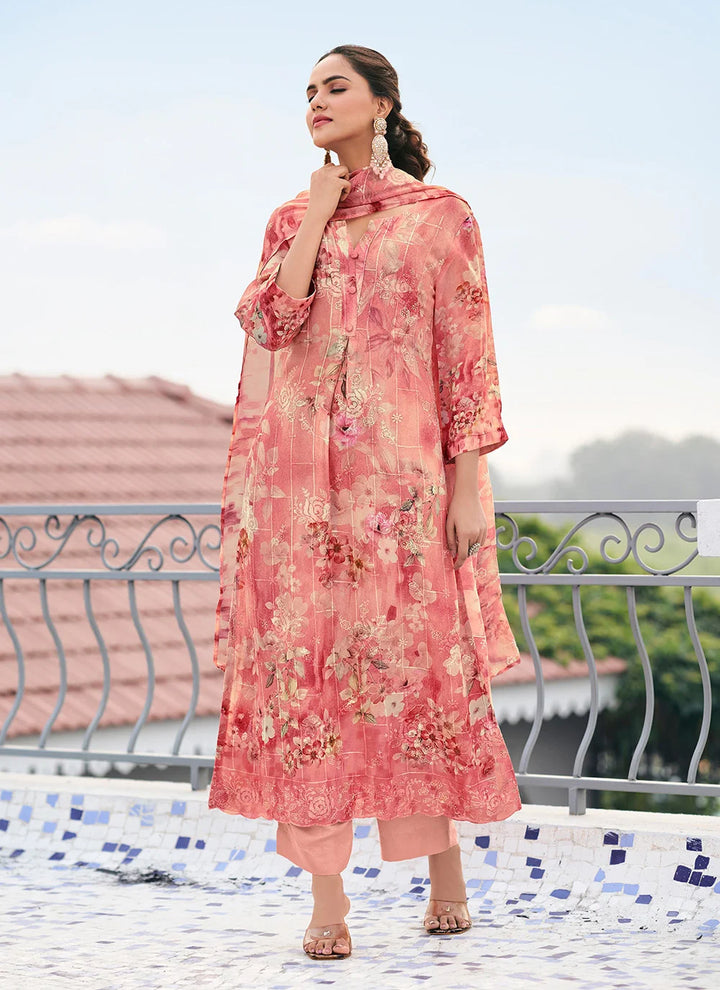 Dark Peach Georgette Suit Embroidered Party Wear Salwar Set