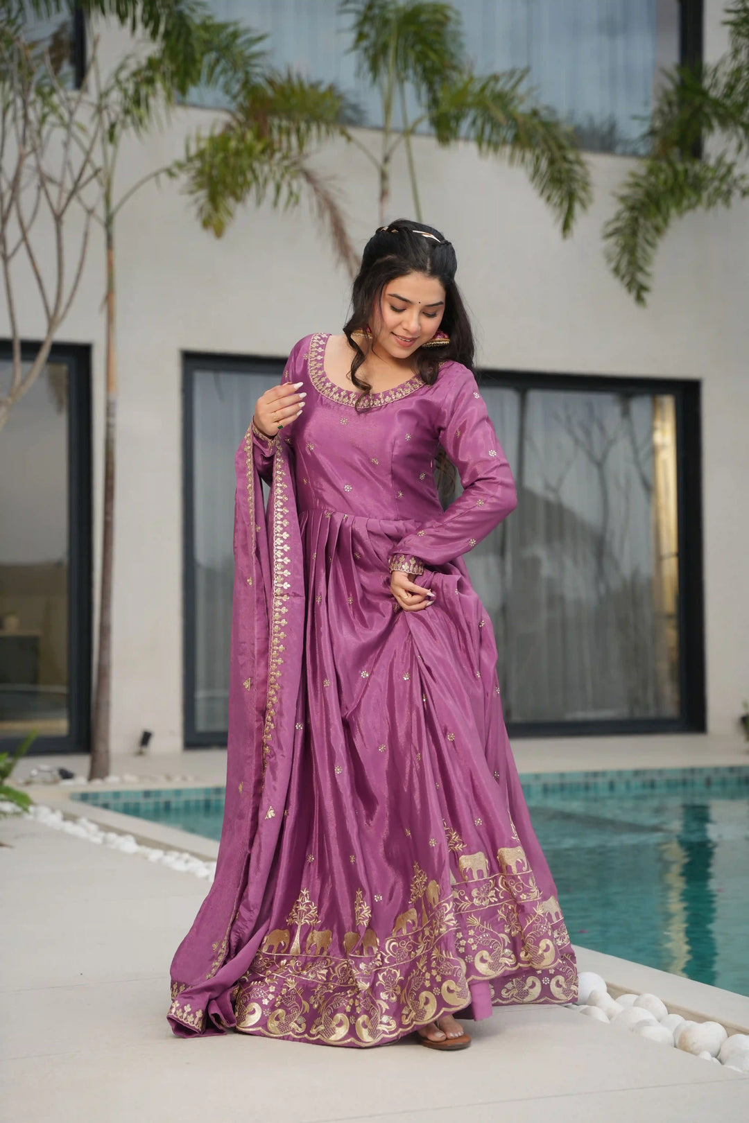 Alluring Embroidered Chinon Gown for Wedding Functions