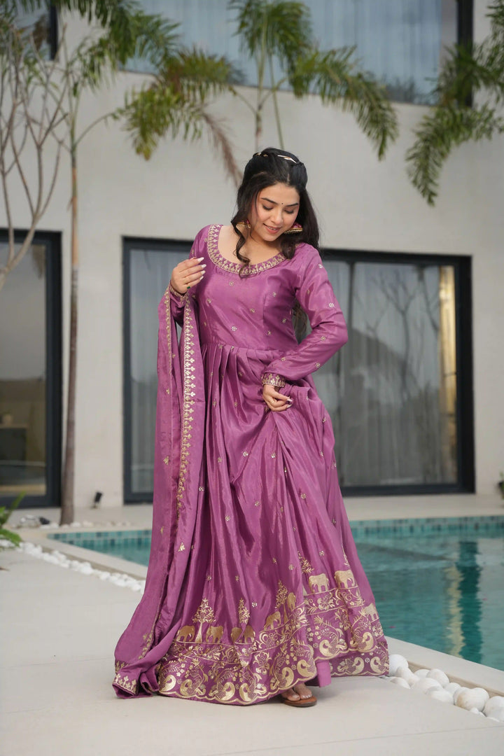 Alluring Embroidered Chinon Gown for Wedding Functions