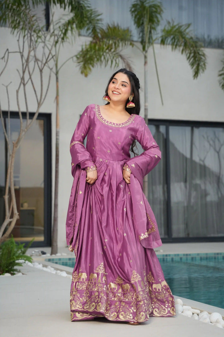 Alluring Embroidered Chinon Gown for Wedding Functions