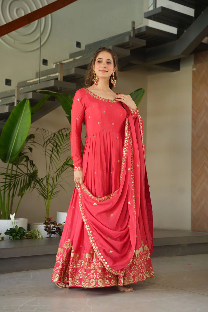 Alluring Embroidered Chinon Gown for Wedding Functions