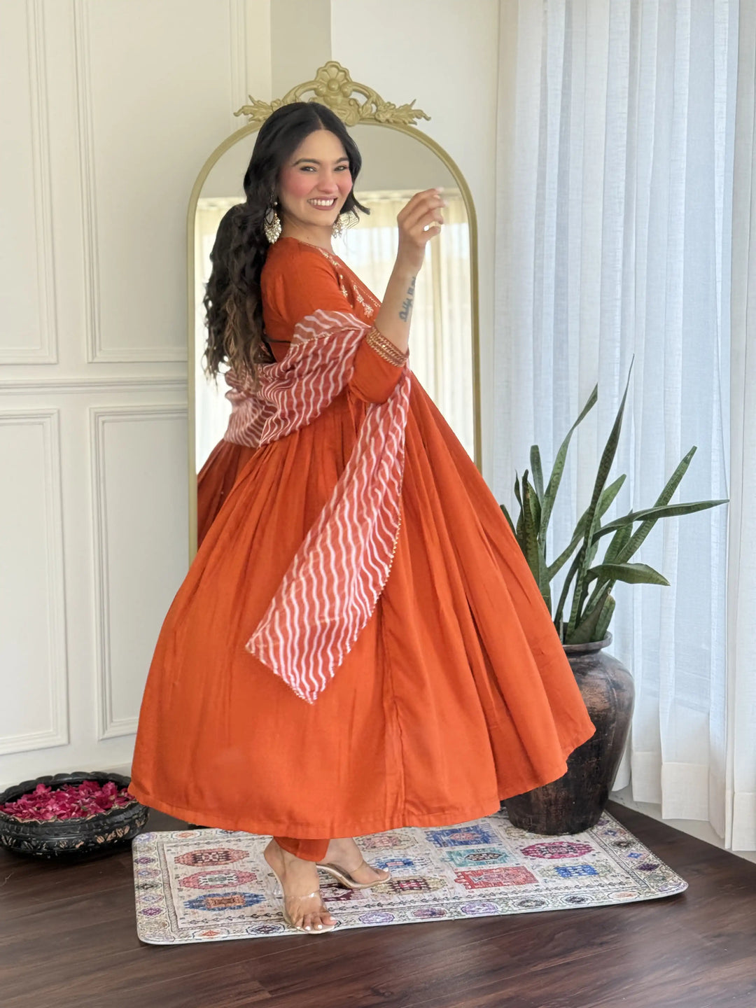 Vibrant Orange Silk Salwar Suit with Printed & Embroidered Design