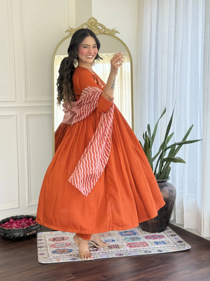 Vibrant Orange Silk Salwar Suit with Printed & Embroidered Design