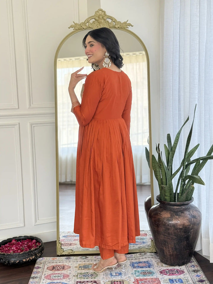Vibrant Orange Silk Salwar Suit with Printed & Embroidered Design