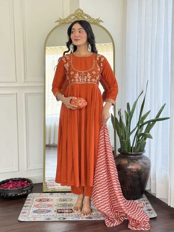 Vibrant Orange Silk Salwar Suit with Printed & Embroidered Design