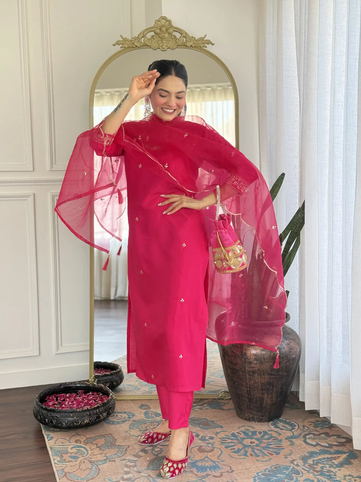 Bright Pink Viscose Chanderi Salwar Kameez with Organza Dupatta