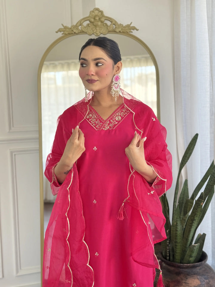Bright Pink Viscose Chanderi Salwar Kameez with Organza Dupatta