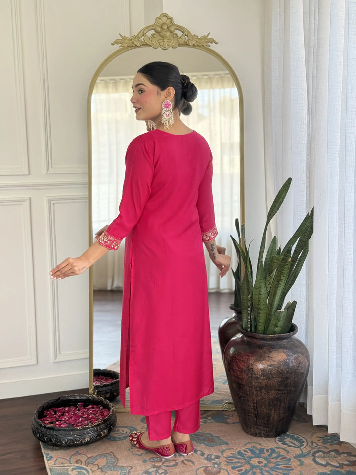 Bright Pink Viscose Chanderi Salwar Kameez with Organza Dupatta