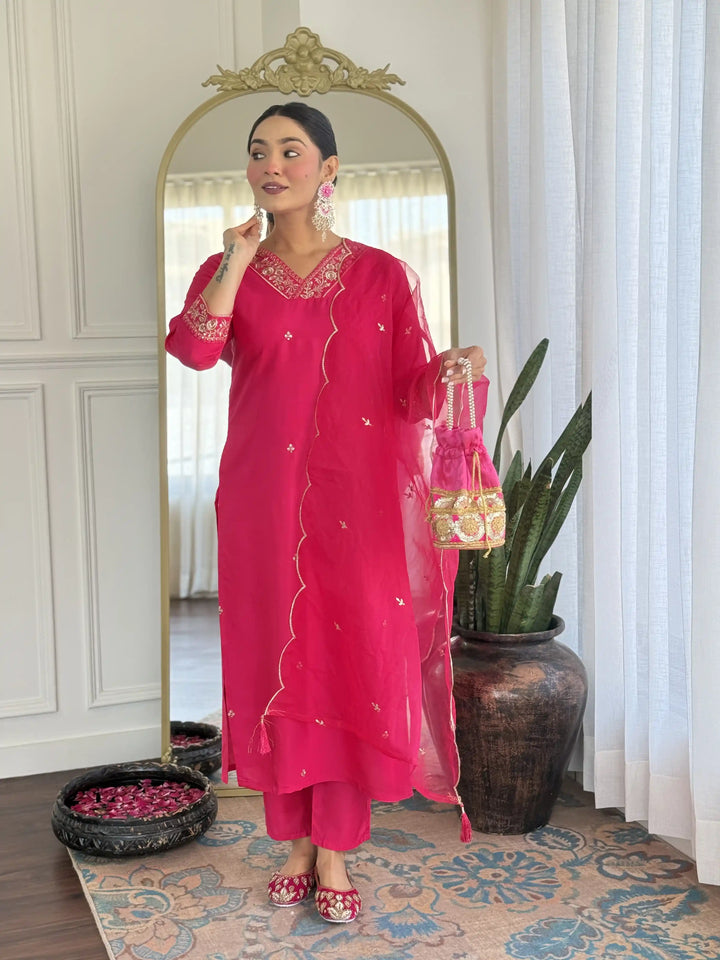 Bright Pink Viscose Chanderi Salwar Kameez with Organza Dupatta