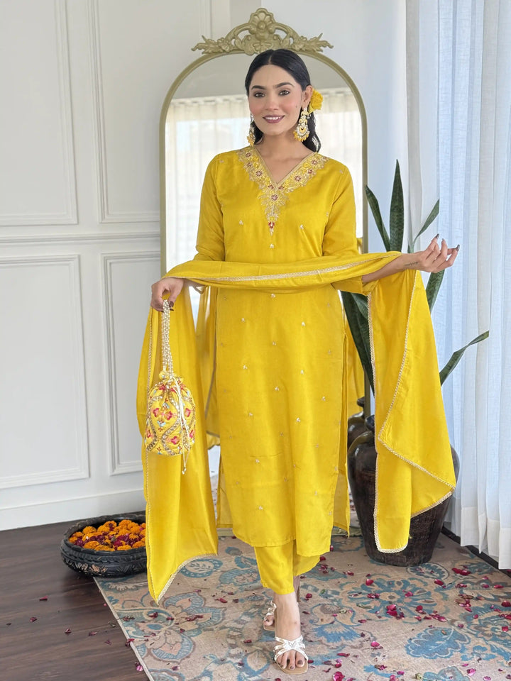 Exquisite Designer Salwar Kameez in C P Vichitra Fabric with Embroidery