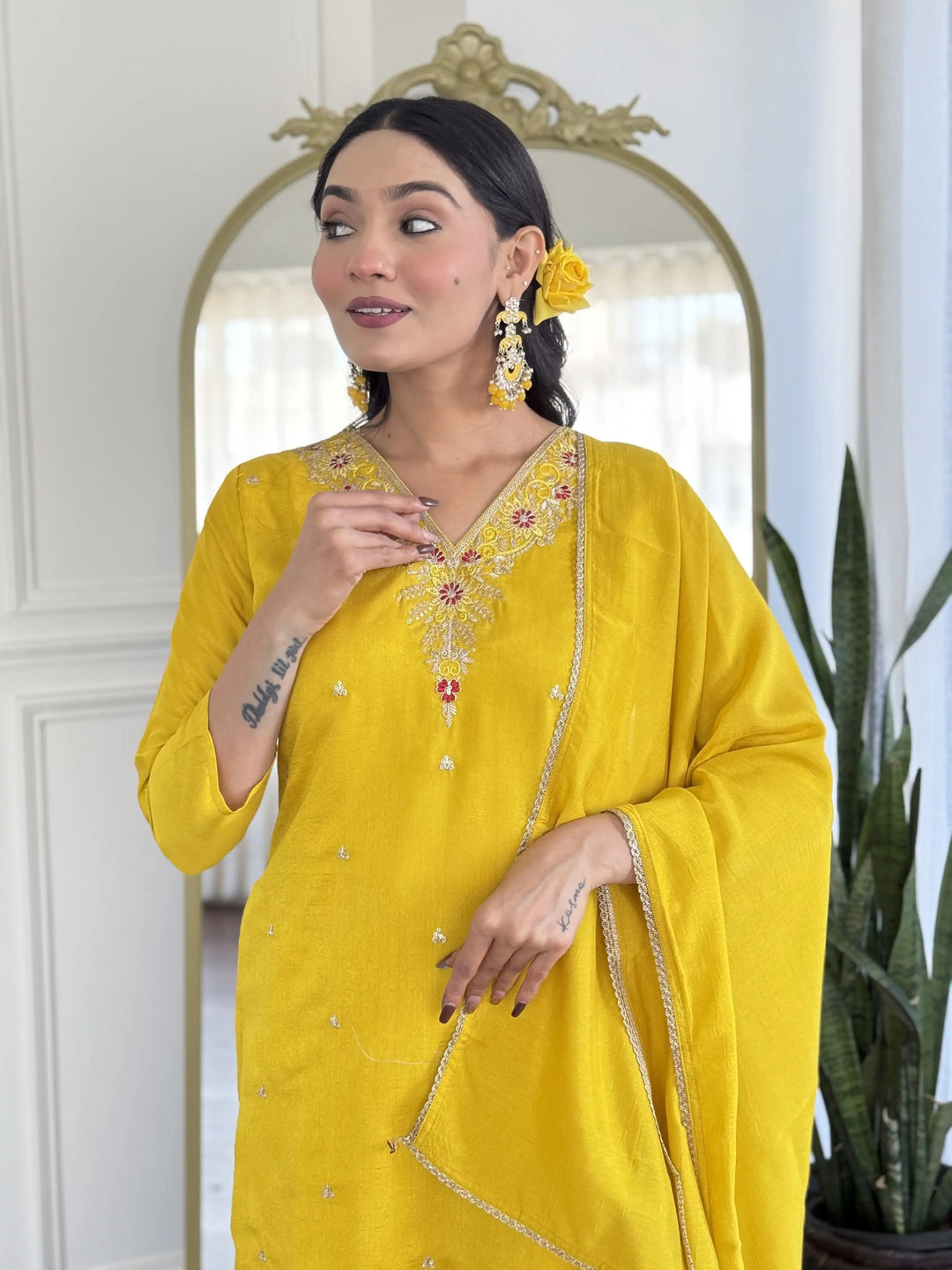 Exquisite Designer Salwar Kameez in C P Vichitra Fabric with Embroidery