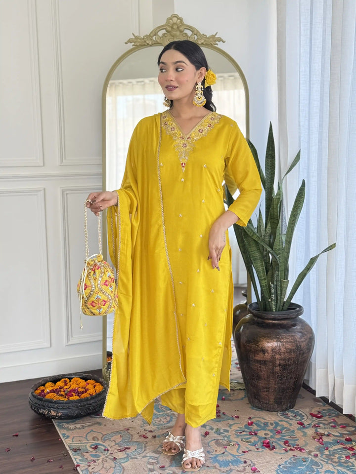 Exquisite Designer Salwar Kameez in C P Vichitra Fabric with Embroidery
