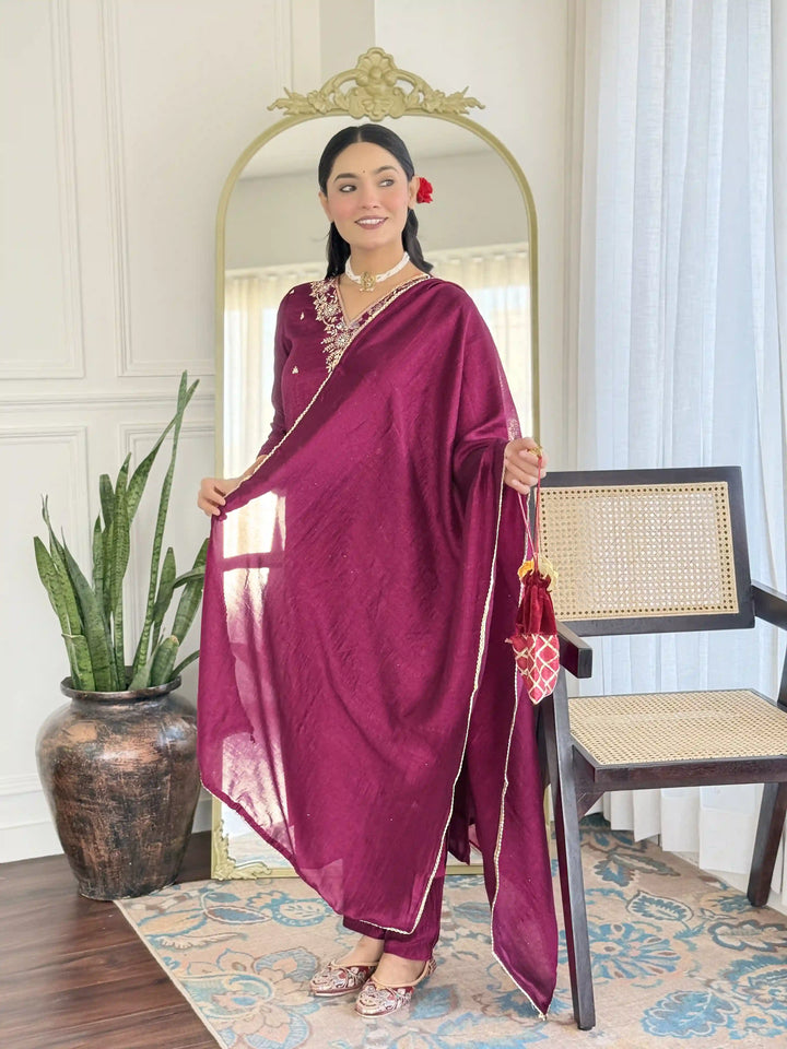 Exquisite Designer Salwar Kameez in C P Vichitra Fabric with Embroidery