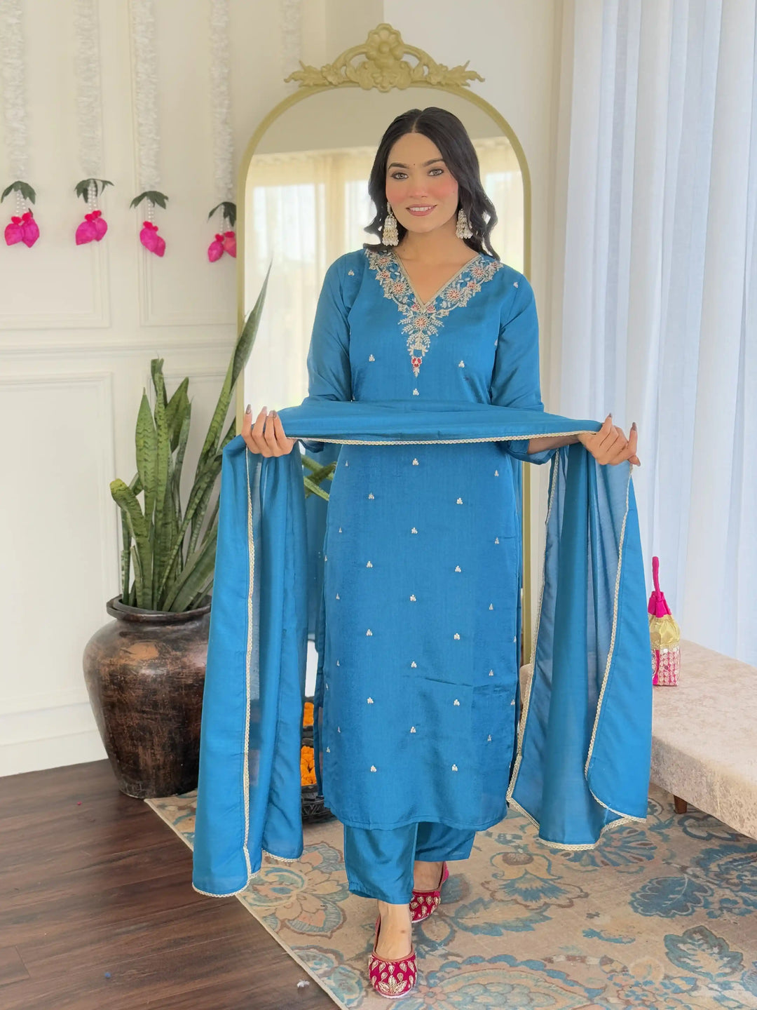 Exquisite Designer Salwar Kameez in C P Vichitra Fabric with Embroidery