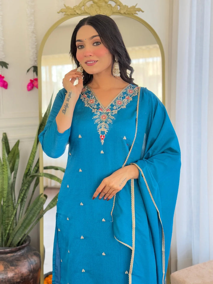 Exquisite Designer Salwar Kameez in C P Vichitra Fabric with Embroidery