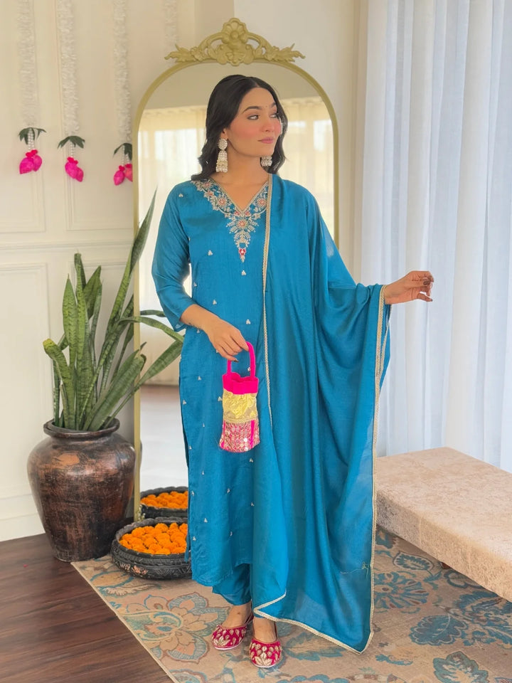 Exquisite Designer Salwar Kameez in C P Vichitra Fabric with Embroidery