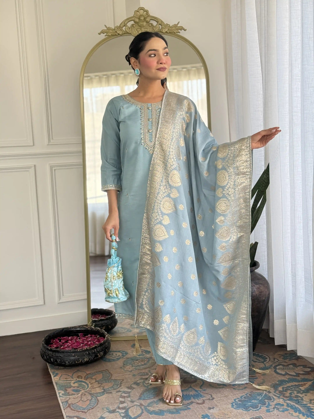 Exclusive Designer Salwar Kameez Set with Silk Dupatta & Embroidery