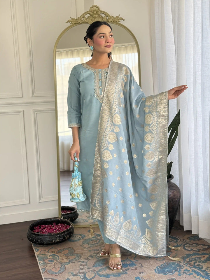 Exclusive Designer Salwar Kameez Set with Silk Dupatta & Embroidery