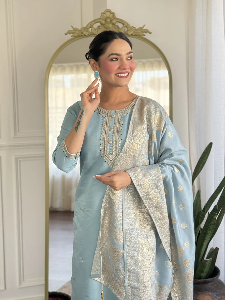 Exclusive Designer Salwar Kameez Set with Silk Dupatta & Embroidery