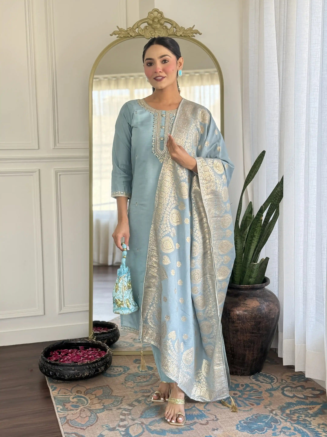 Exclusive Designer Salwar Kameez Set with Silk Dupatta & Embroidery