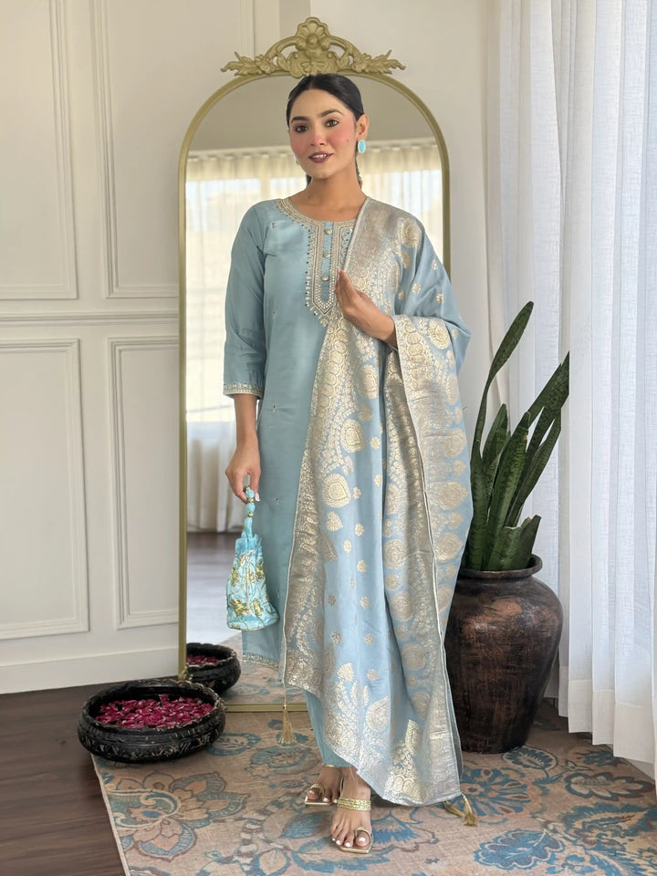 Exclusive Designer Salwar Kameez Set with Silk Dupatta & Embroidery