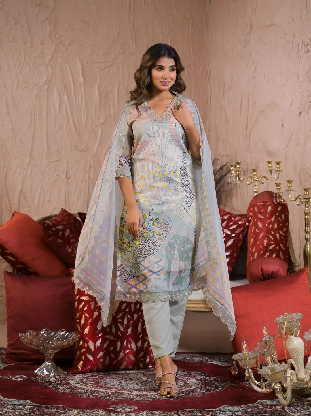 Designer Gray Organza Salwar Kameez for Festive Occasions