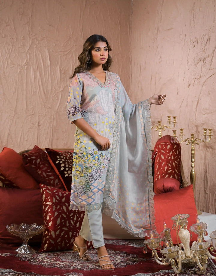Designer Gray Organza Salwar Kameez for Festive Occasions