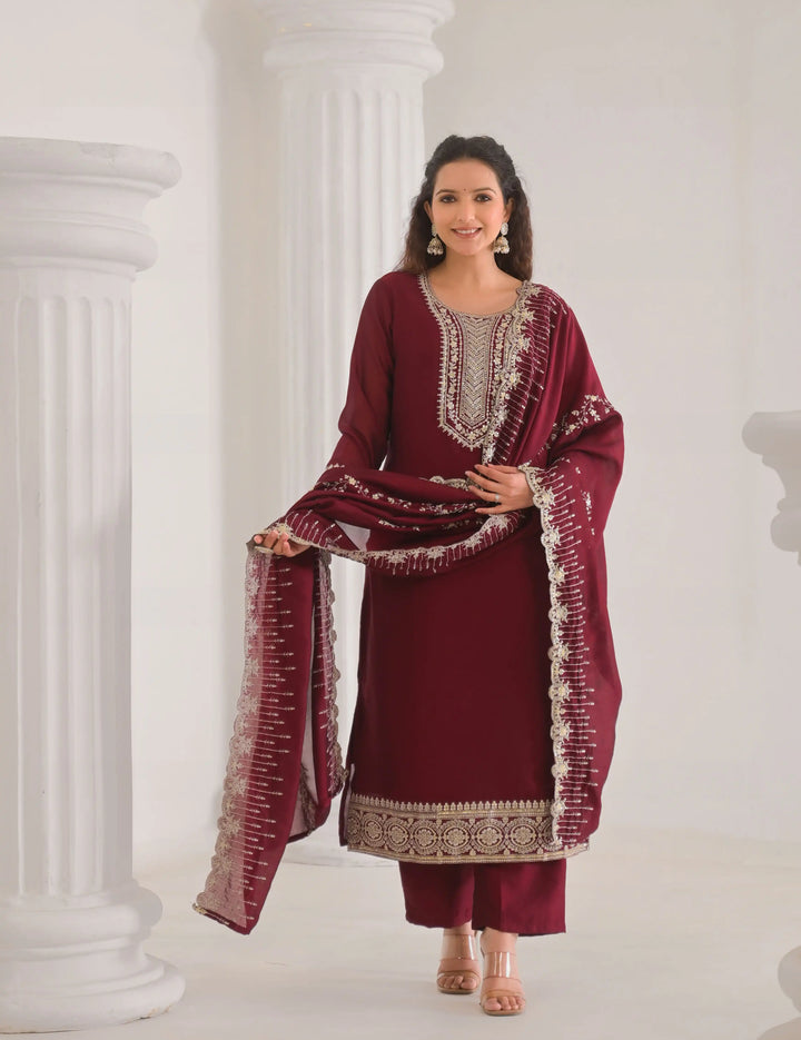 Designer Maroon Vichitra Silk Salwar Kameez for Special Occasions