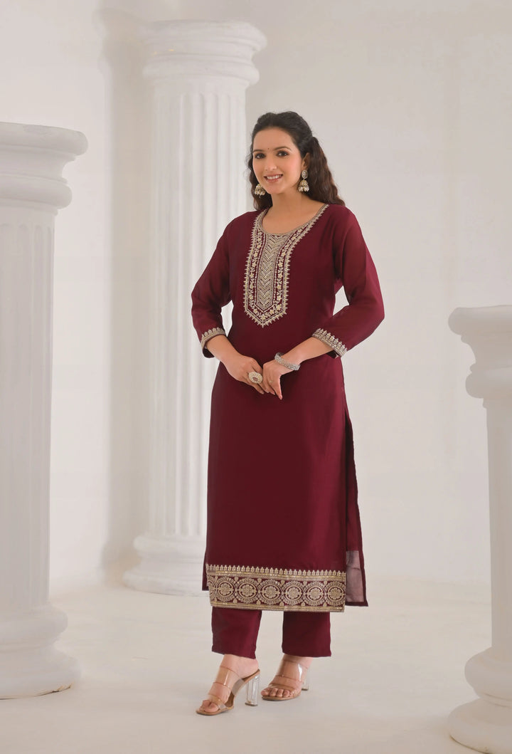 Designer Maroon Vichitra Silk Salwar Kameez for Special Occasions