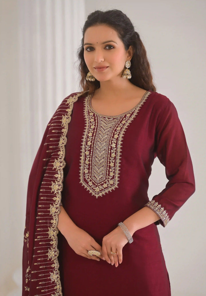 Designer Maroon Vichitra Silk Salwar Kameez for Special Occasions