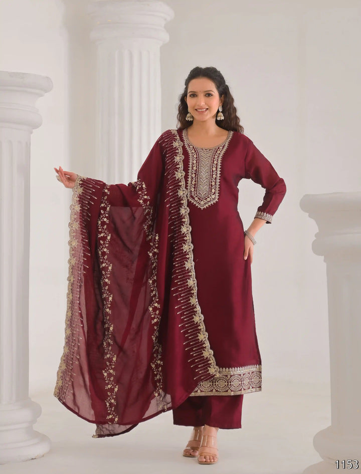 Designer Maroon Vichitra Silk Salwar Kameez for Special Occasions