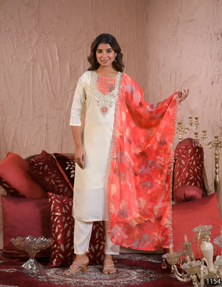 Stylish Off White Chanderi Silk Suit for Festive Wear
