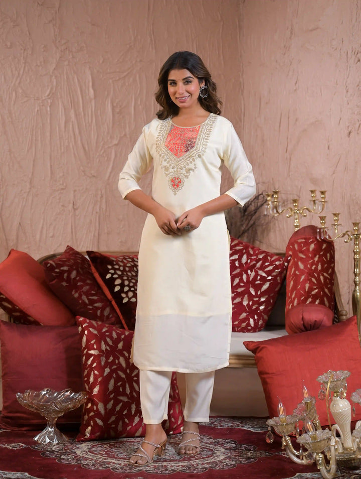 Stylish Off White Chanderi Silk Suit for Festive Wear