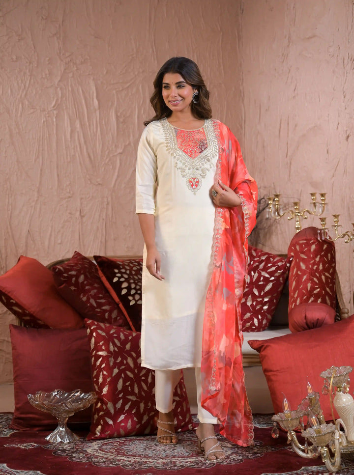 Stylish Off White Chanderi Silk Suit for Festive Wear