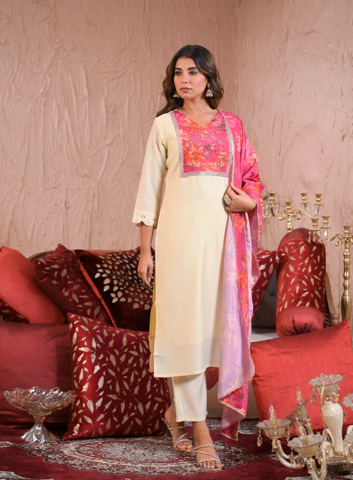 Off White Chanderi Salwar Kameez with Silk Dupatta for Festive Wear
