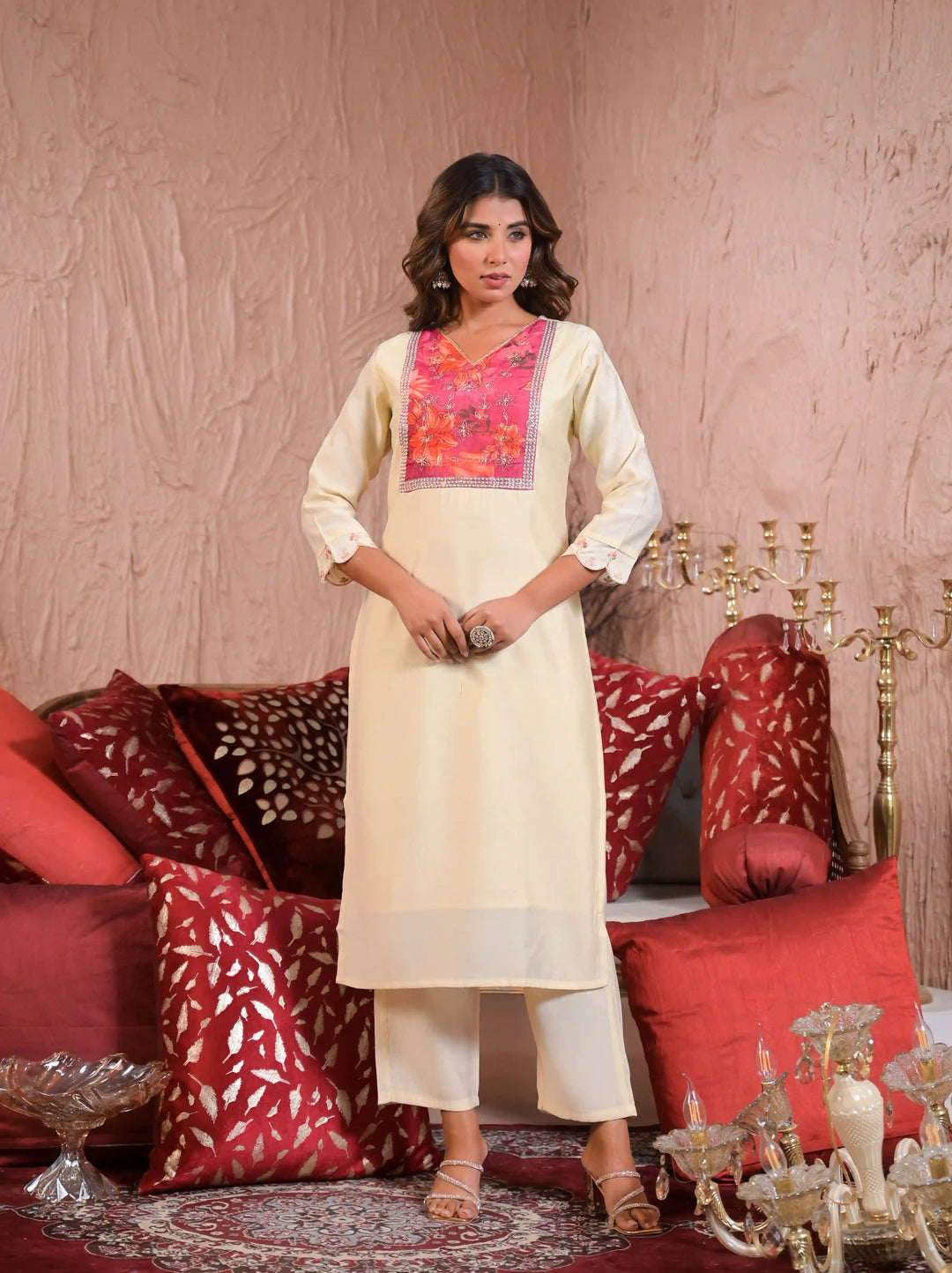 Off White Chanderi Salwar Kameez with Silk Dupatta for Festive Wear